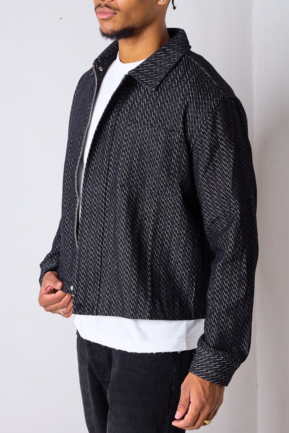 Veste en jean ample à motif traits noire
