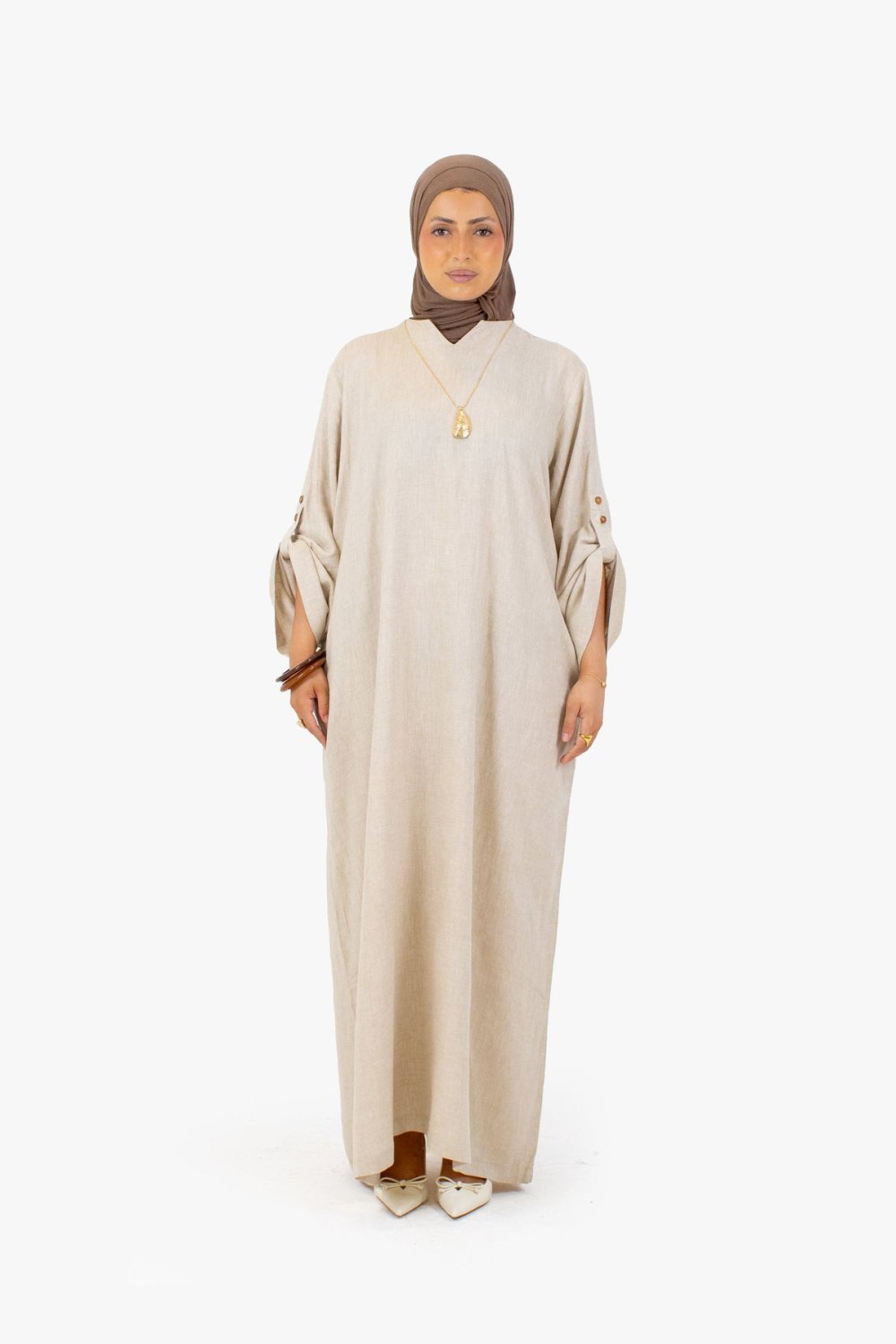 Abaya lin w coton b kmam b sdaf - Beige