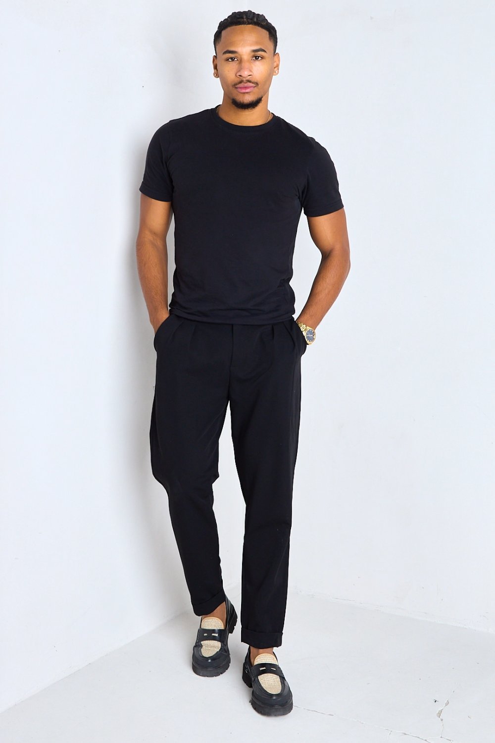 Pantalon à pinces droit à empiècements noir