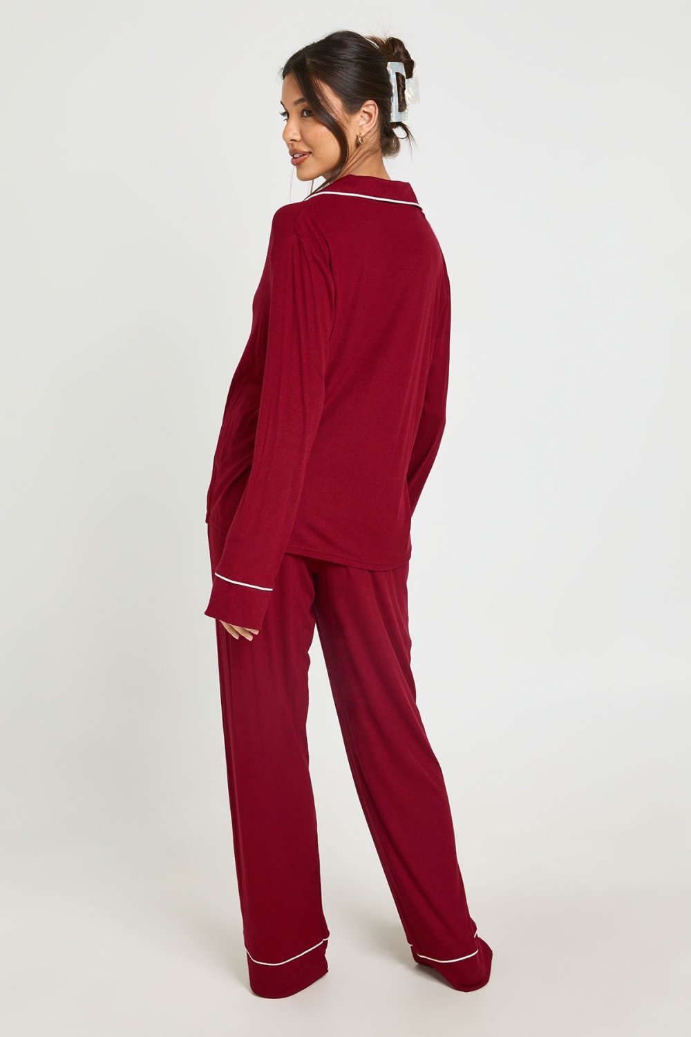 Ribbed shirt and trouser pyjama set with piping