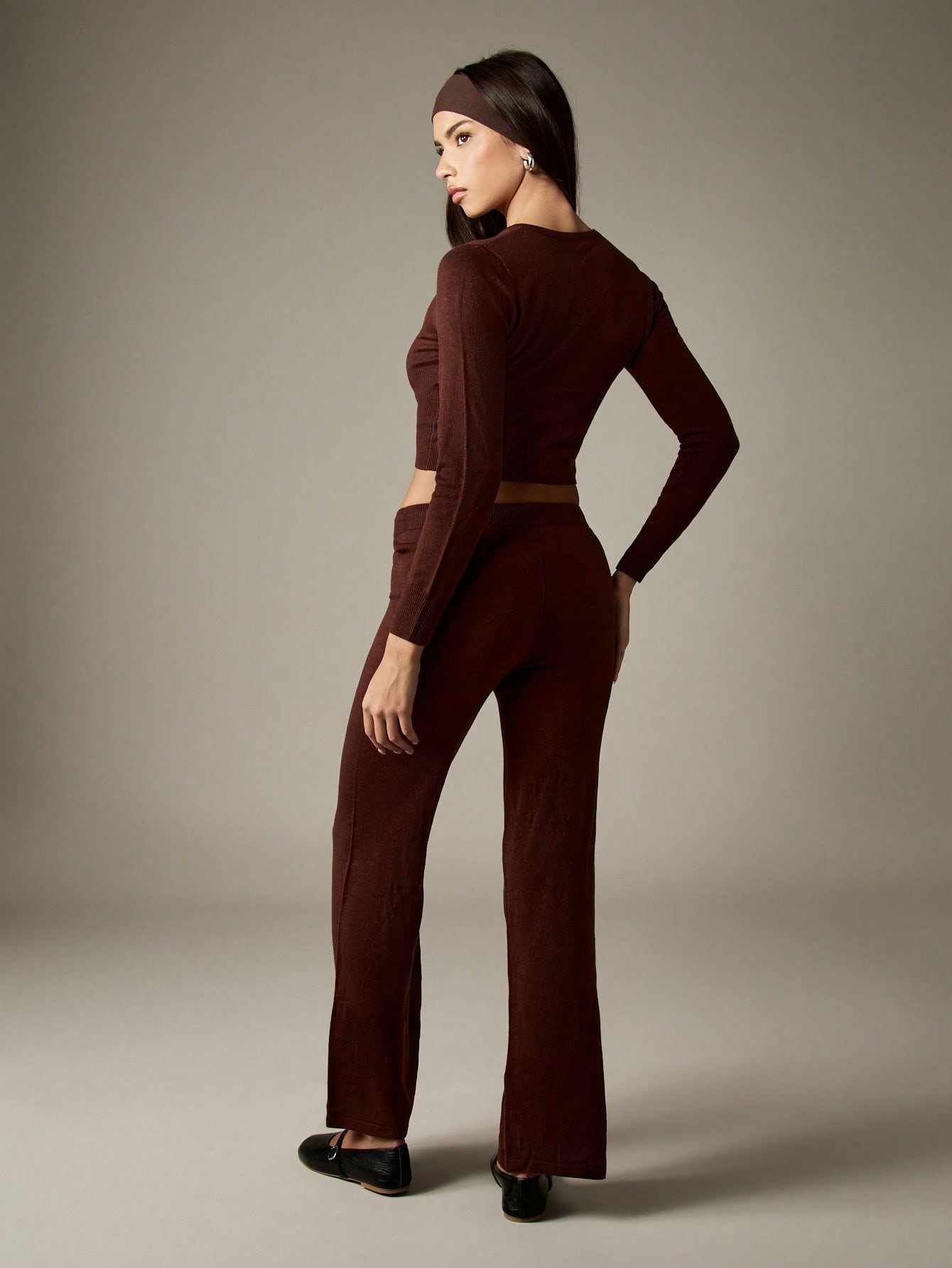 Ribbed knit button cardigan with wide leg trousers