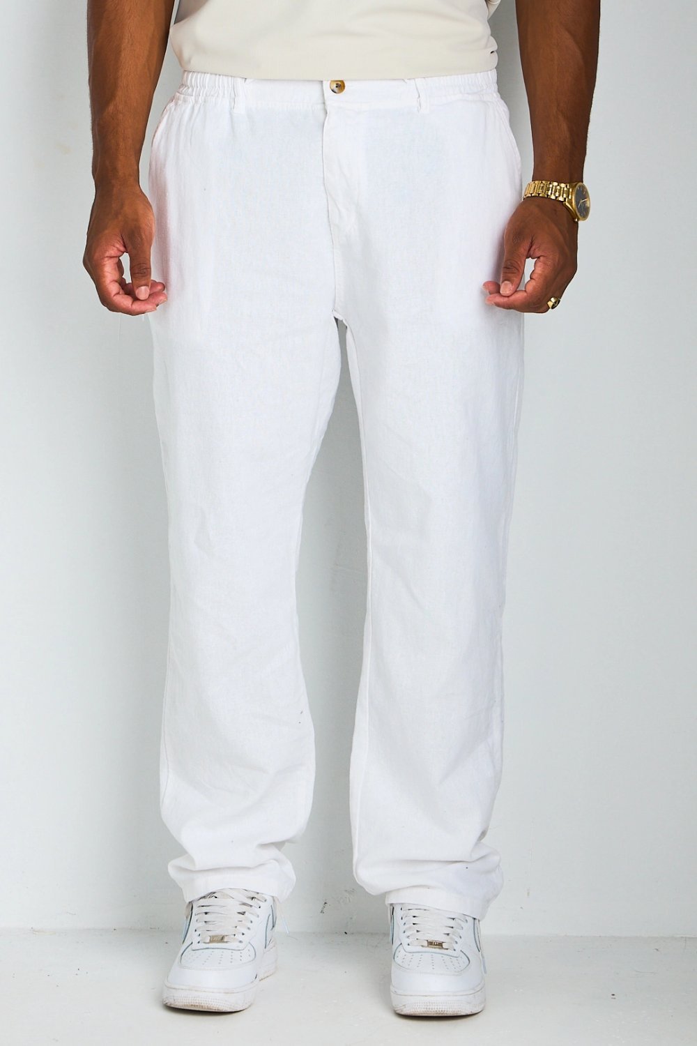 White linen-blend drawstring straight trousers