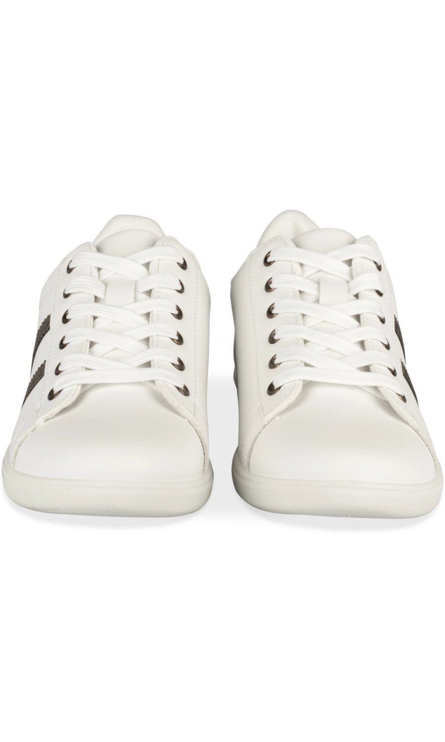 White sneakers with bronze side stripes