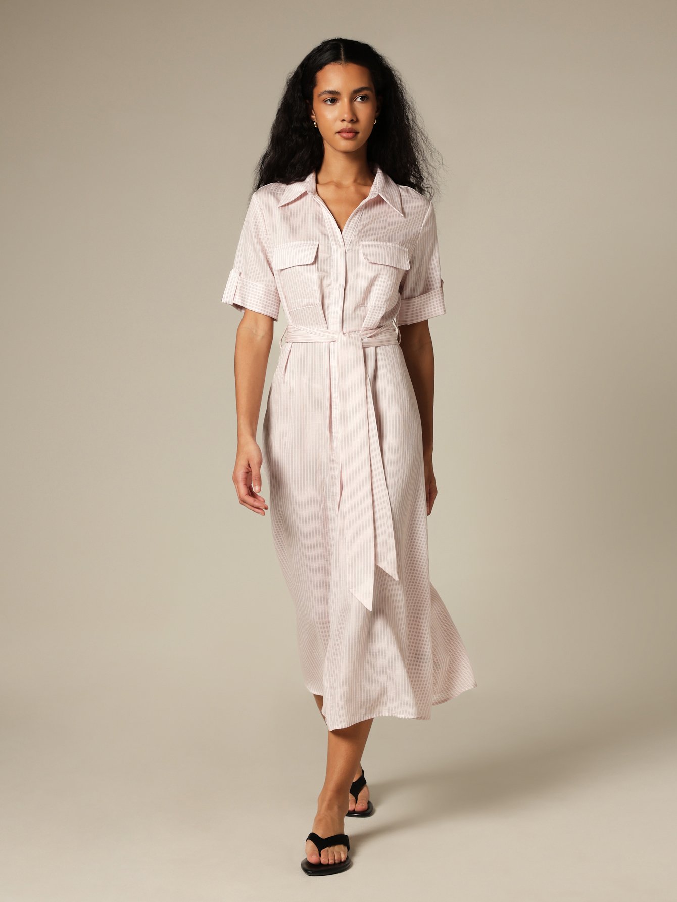 Robe Chemise Mi-Longue À Rayures Avec Ceinture