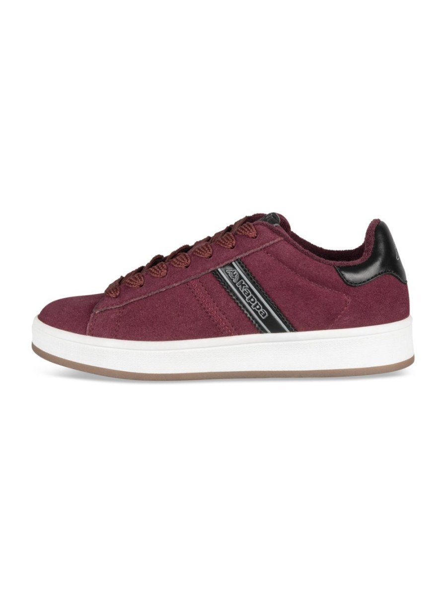 Burgundy faux suede sneakers with black heel tab