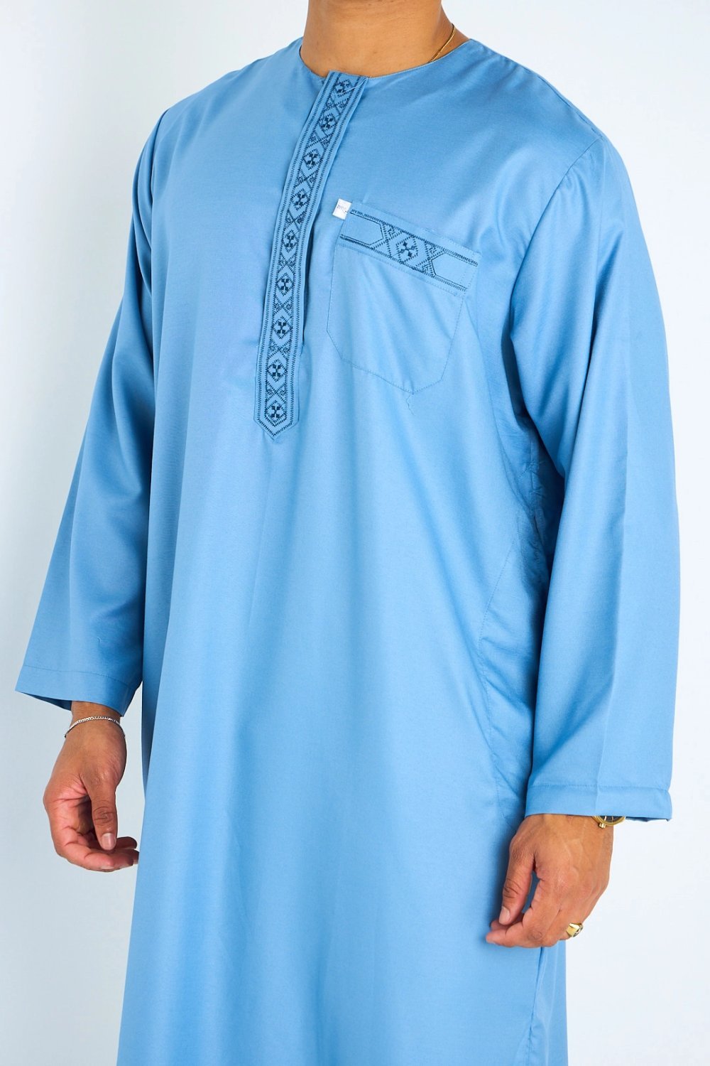 Ensemble qamis w sarwal b motif géométrique bleu