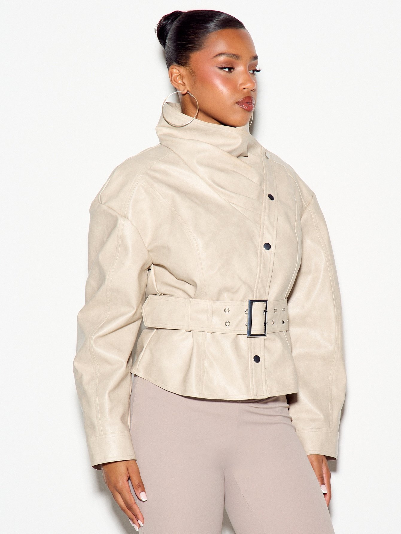 Oversized belted jacket with high neck