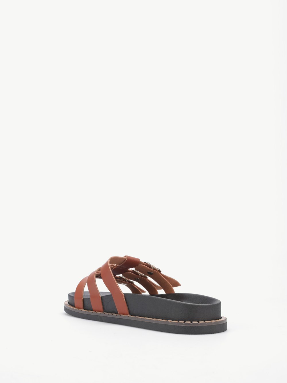 Camel triple-strap mules with gold studs