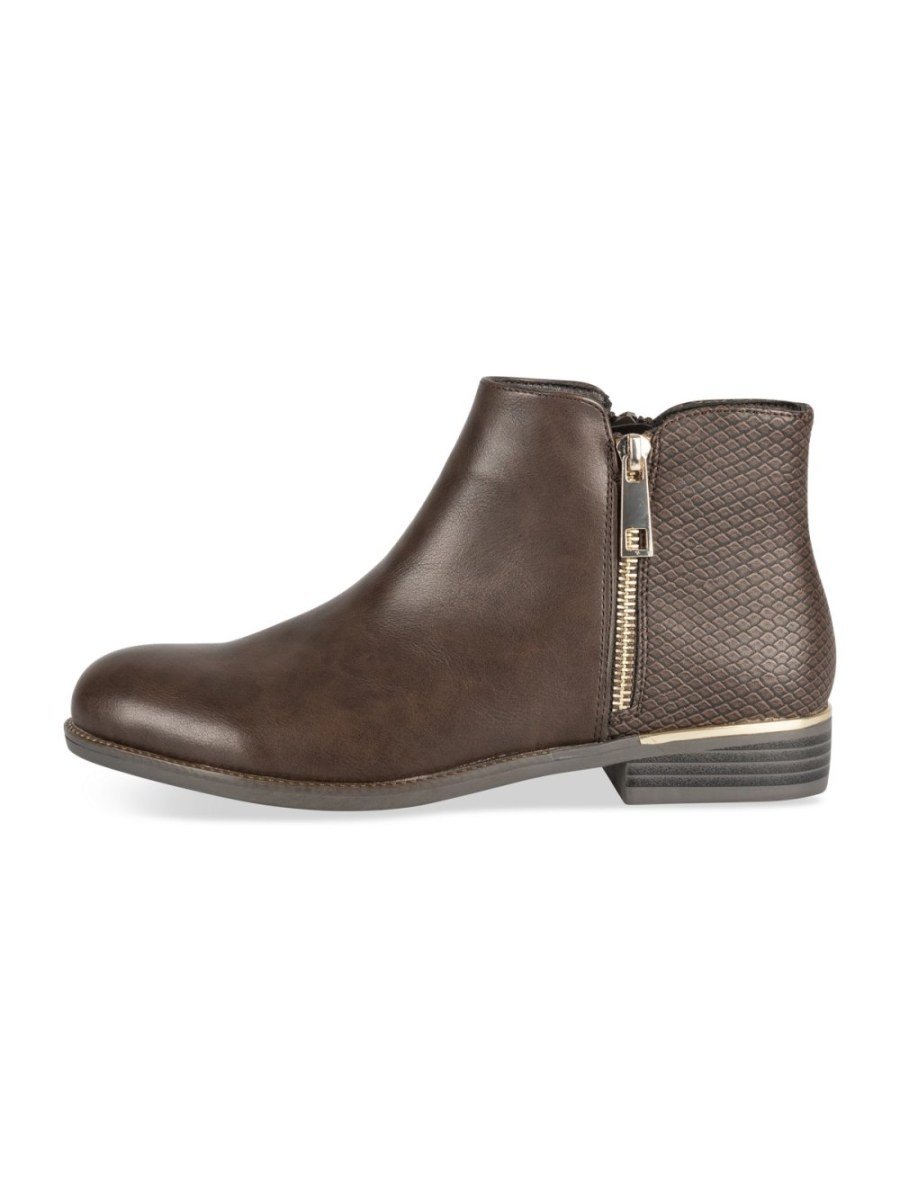 Brown snake-effect ankle boots, gold zip
