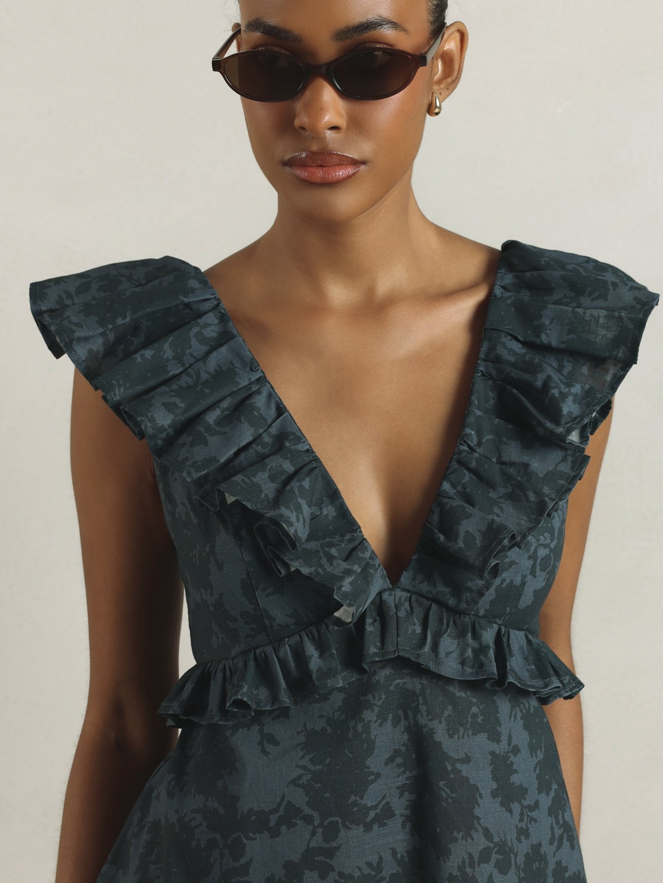 Floral jacquard midaxi dress with plunge neckline