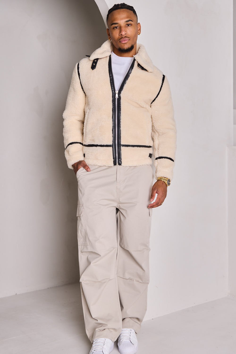 Beige shearling-look aviator jacket