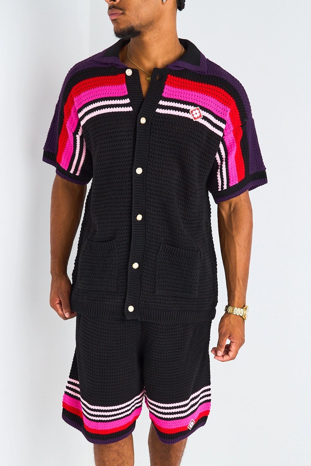 Black and pink crochet cardigan and shorts set
