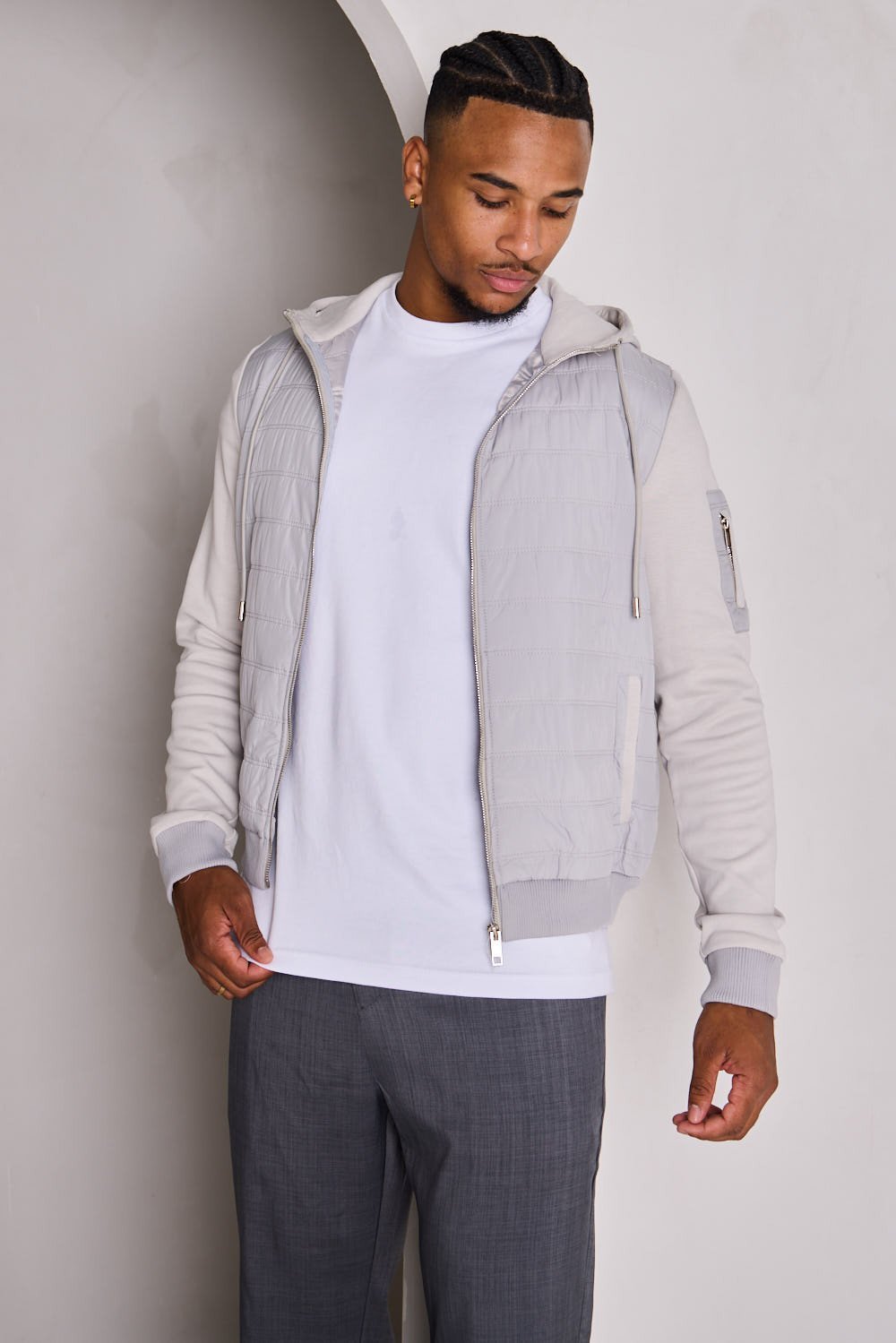 Grey two-tone quilted hooded jacket