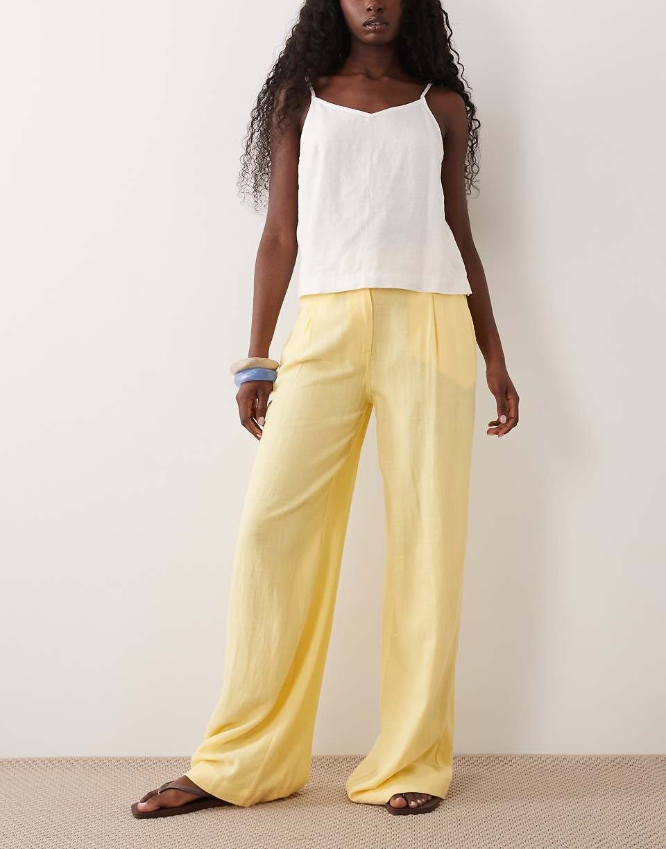 Pantalon droit décontracté en lin mélangé - Jaune