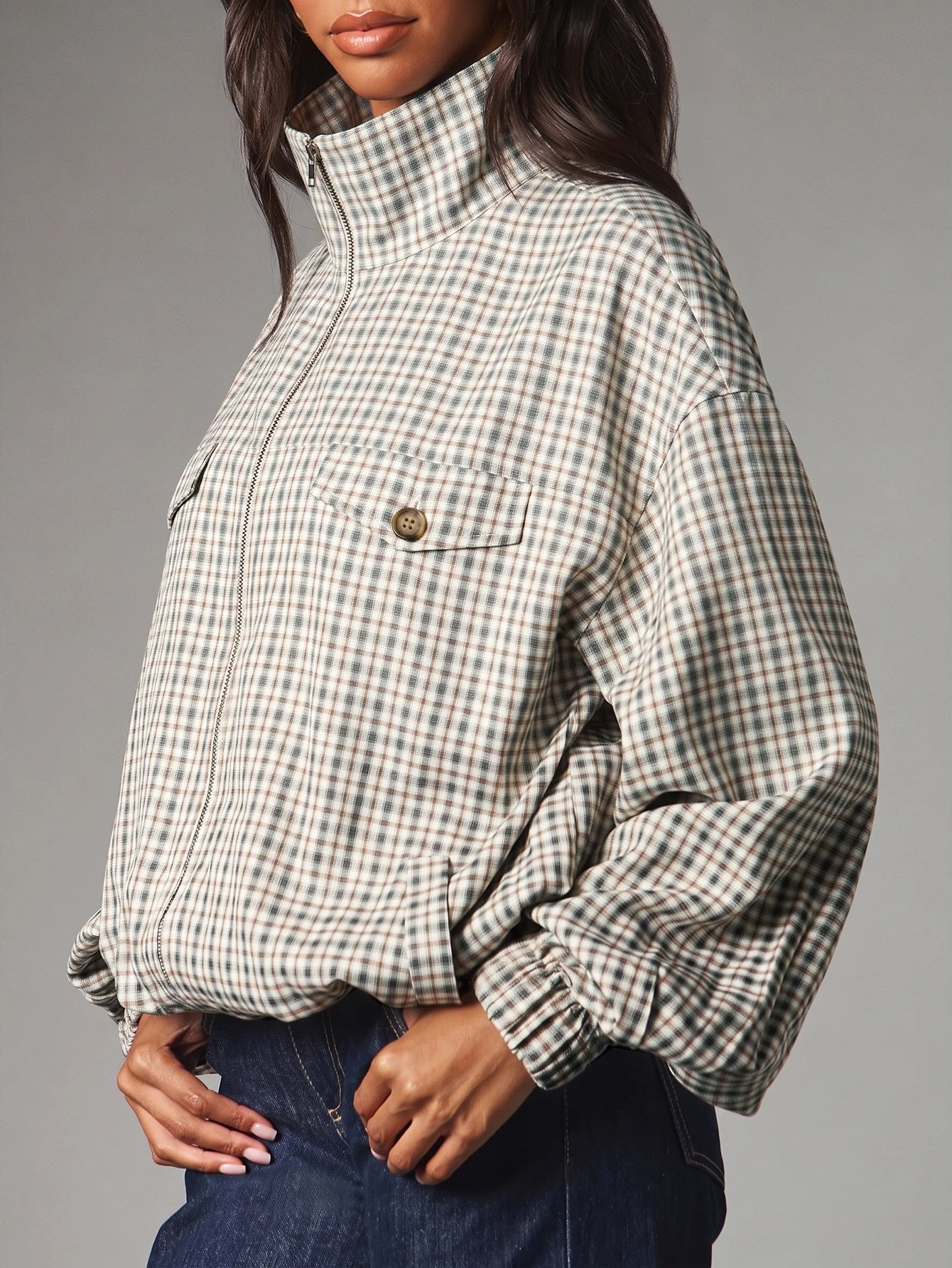 Zip-Up Check Bomber Jacket With Elasticated Hem