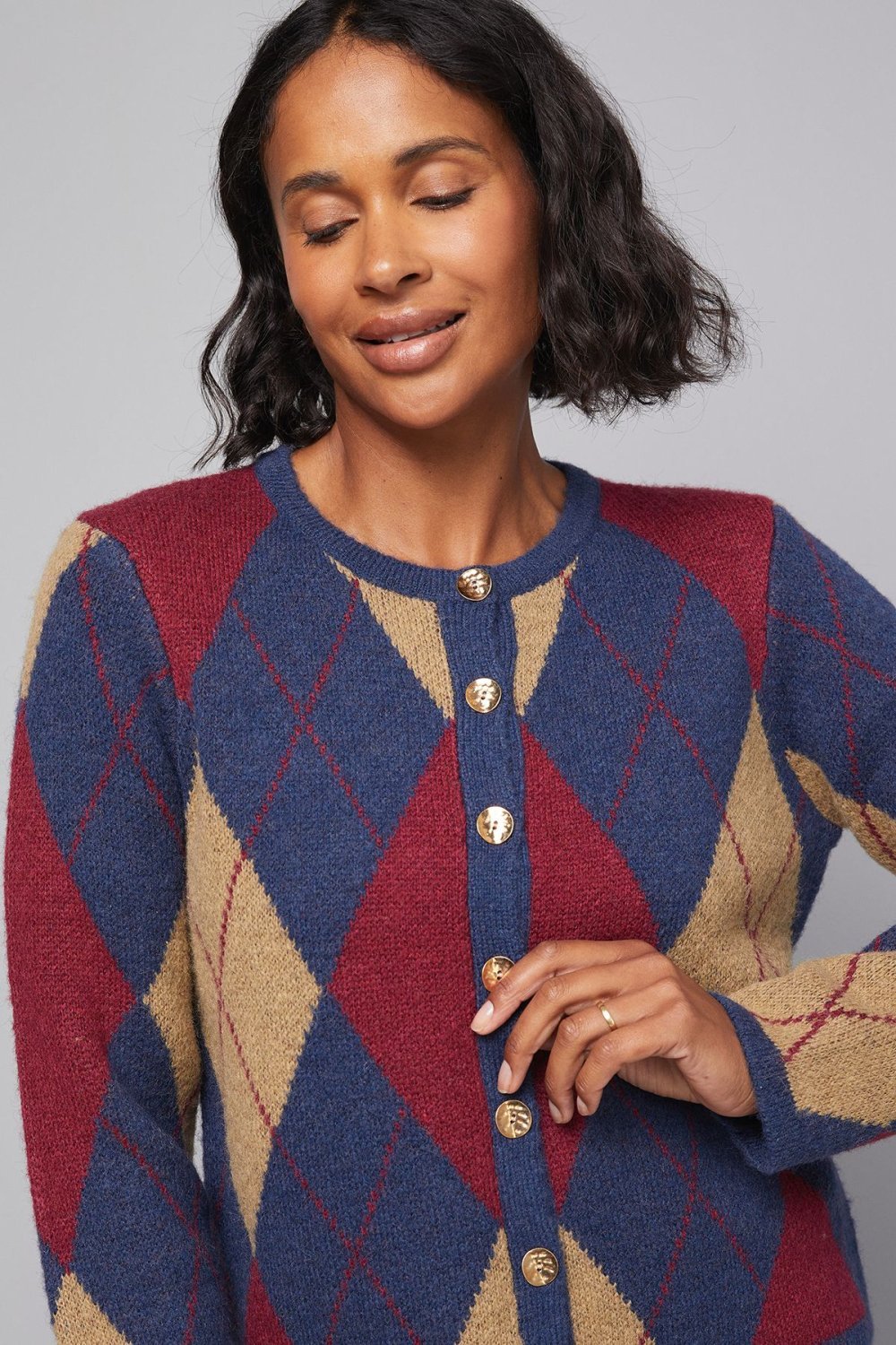Argyle cardigan with gold buttons