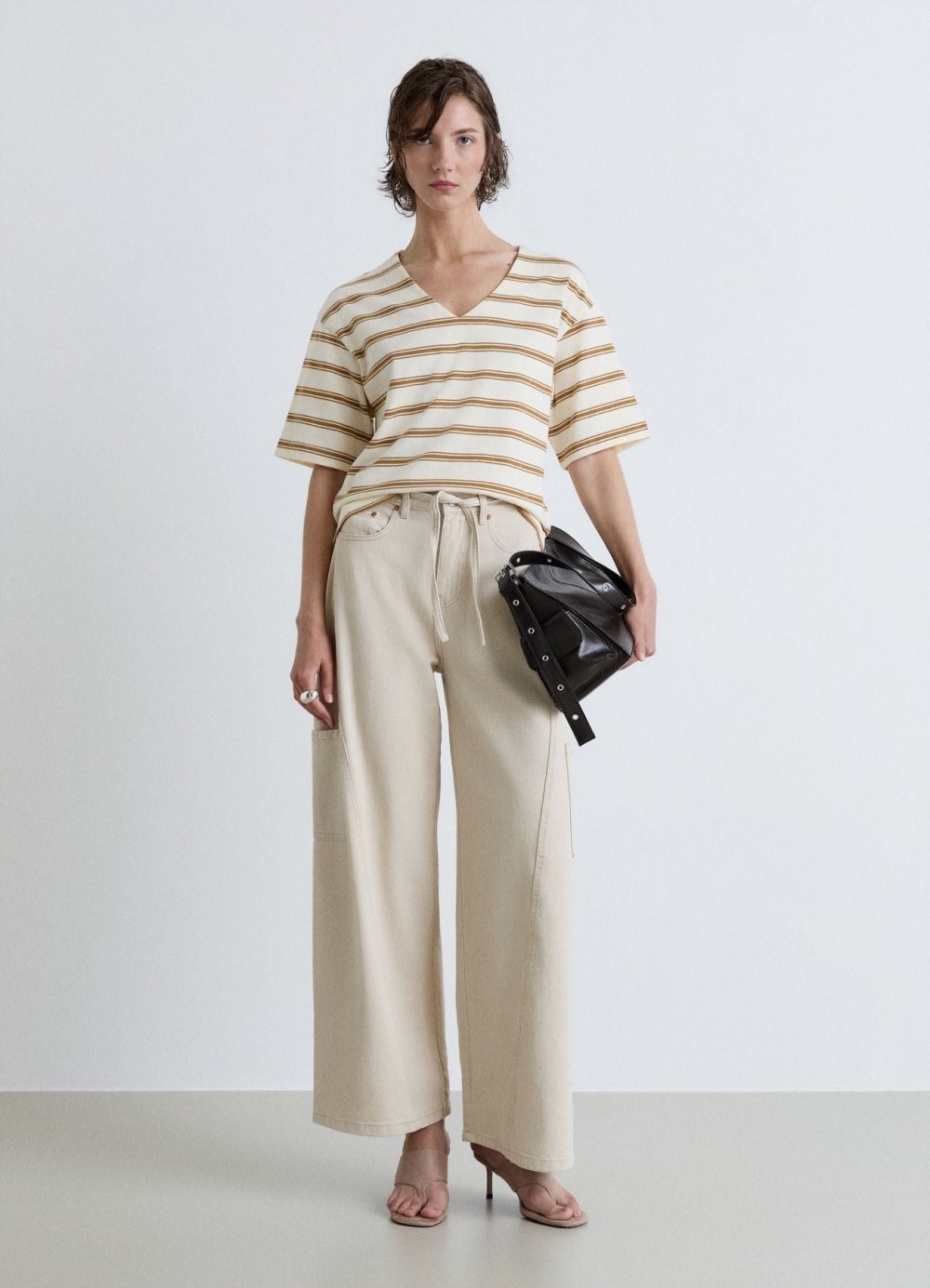Taupe high-waisted palazzo jeans with drawstring