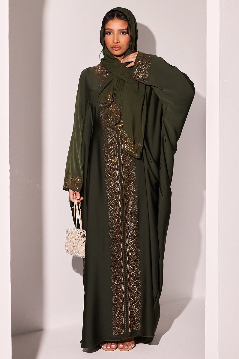 Khaki abaya with rectangle rhinestone stripes