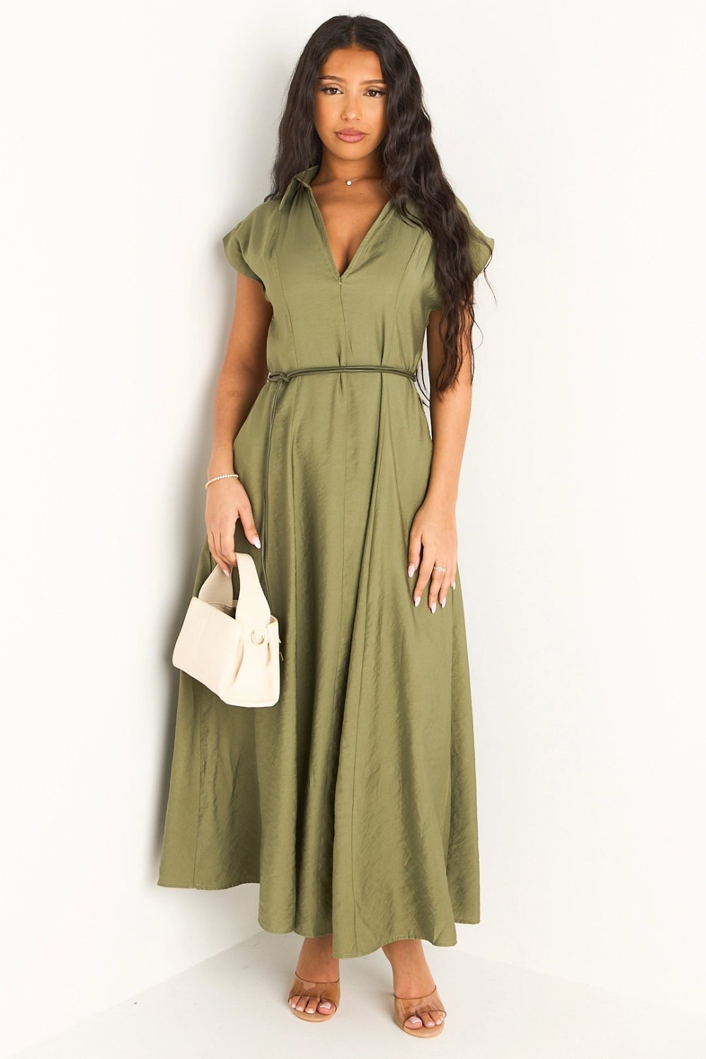 Khaki belted straight maxi dress
