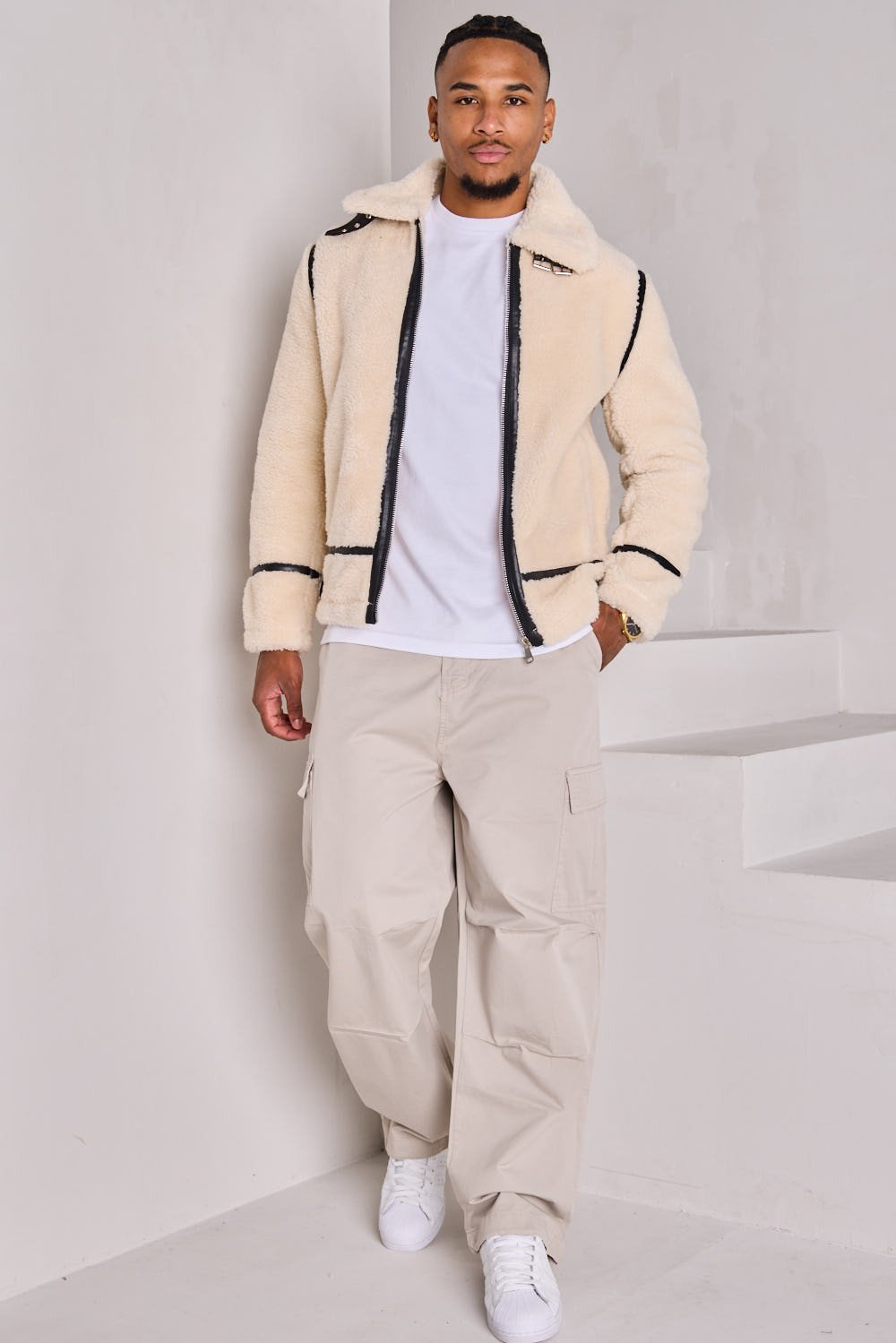 Beige shearling-look aviator jacket