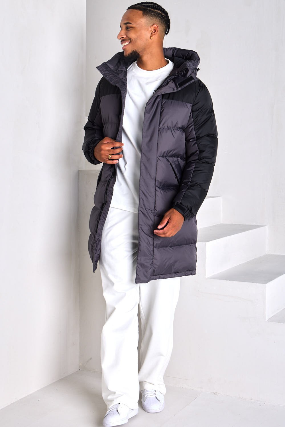 Black long waterproof hooded puffer jacket