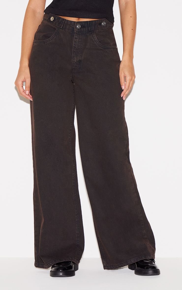 Button waistband mid rise wide leg jeans