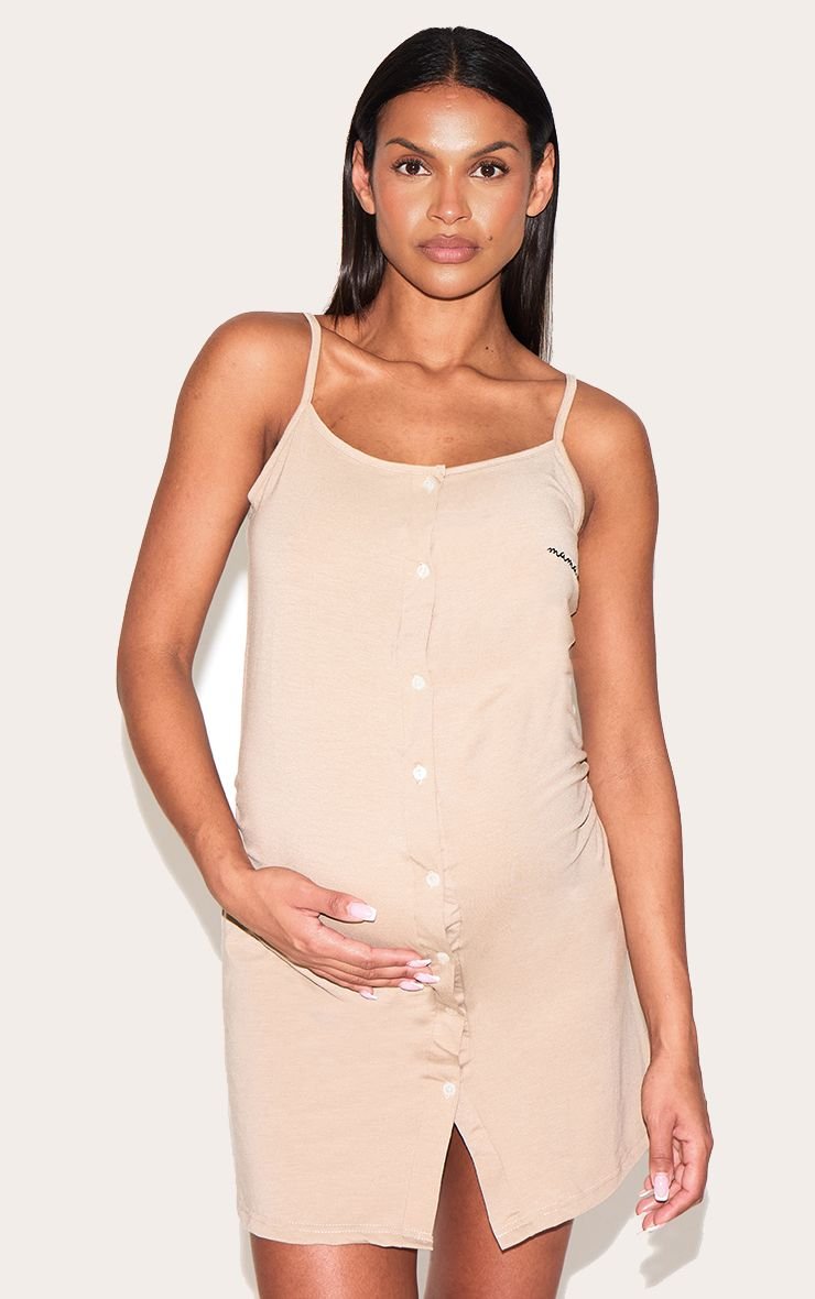 Chemise De Nuit De Maternité Sable Mama À Bretelles Avec Boutonnage Devant