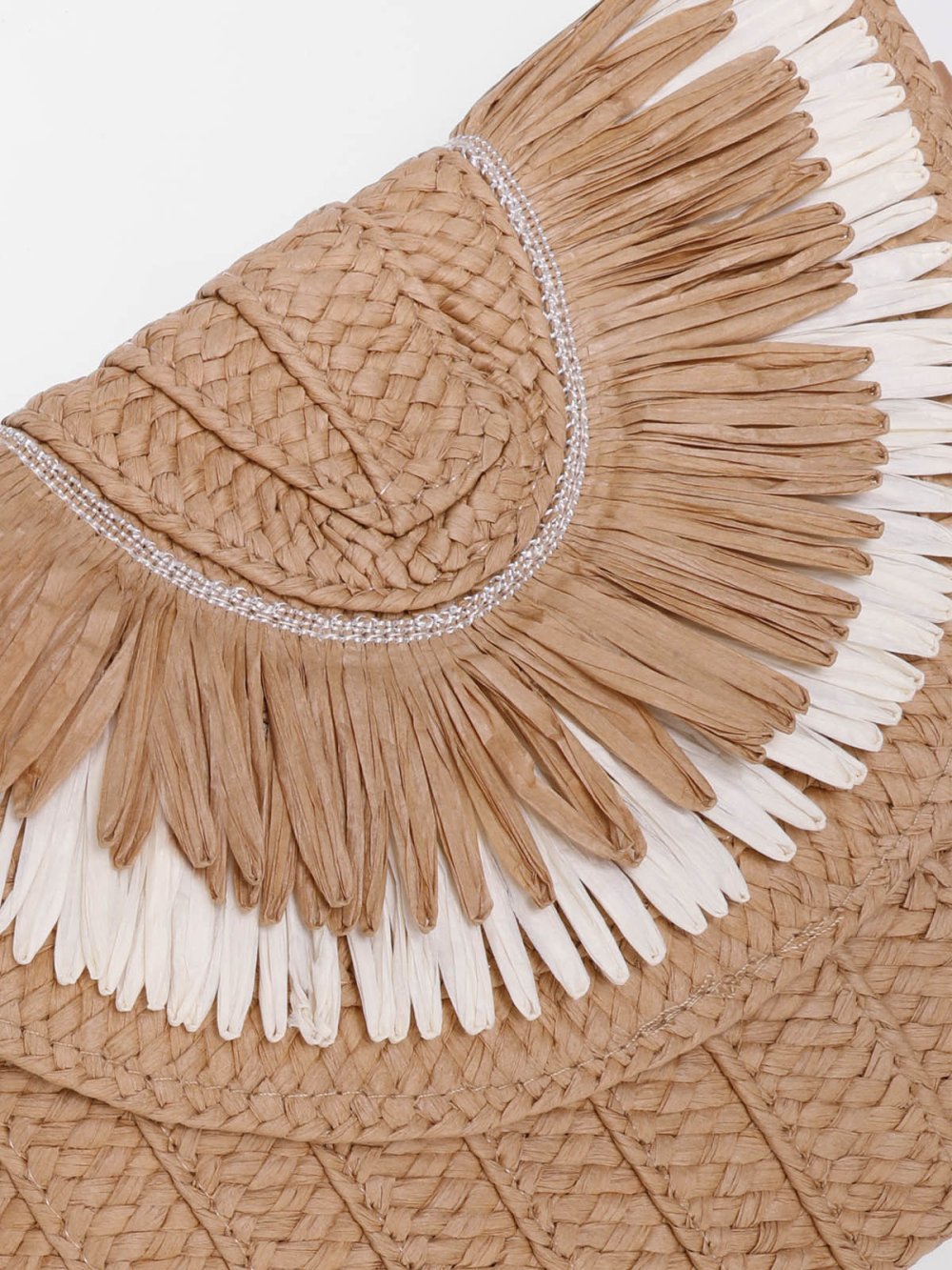 Pochette en raphia tressé à franges taupe