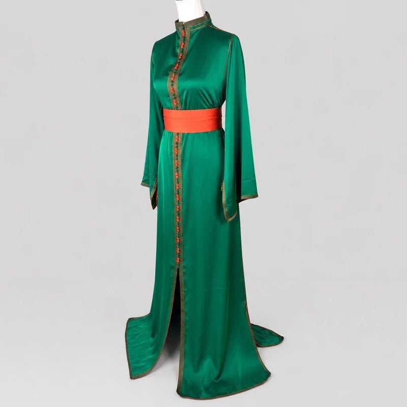 Caftan drap de soie vert doublé orange