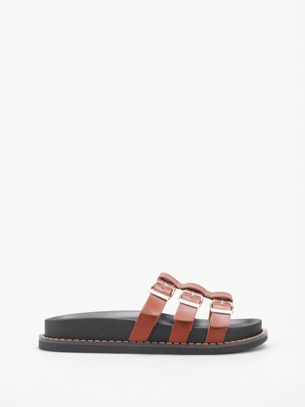 Camel triple-strap mules with gold studs