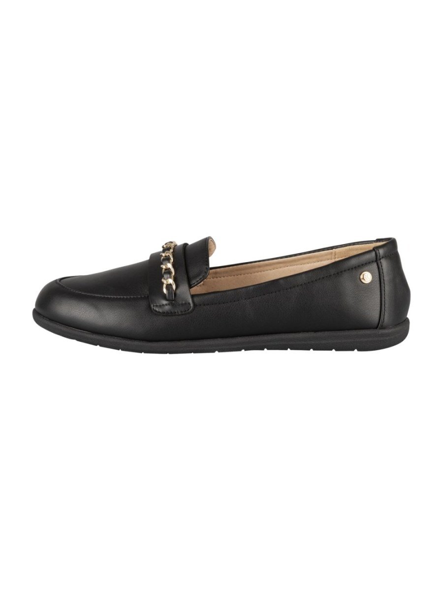 Black loafers with gold chain
