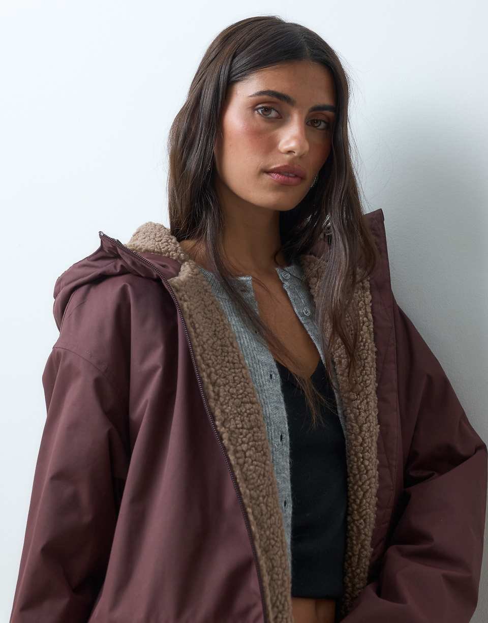 Longline trench with faux shearling lining - Burgundy