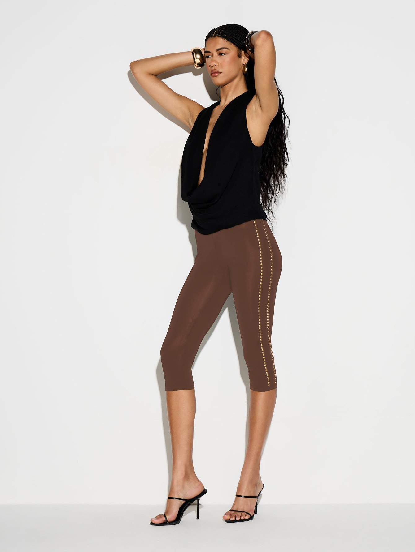 Leggings capri taille haute à bande cloutée