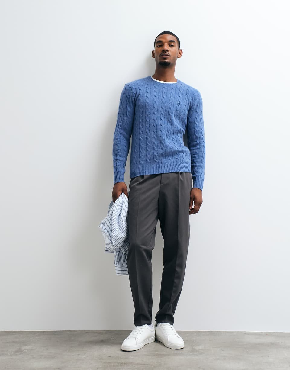 Blue cable knit wool jumper with icon logo