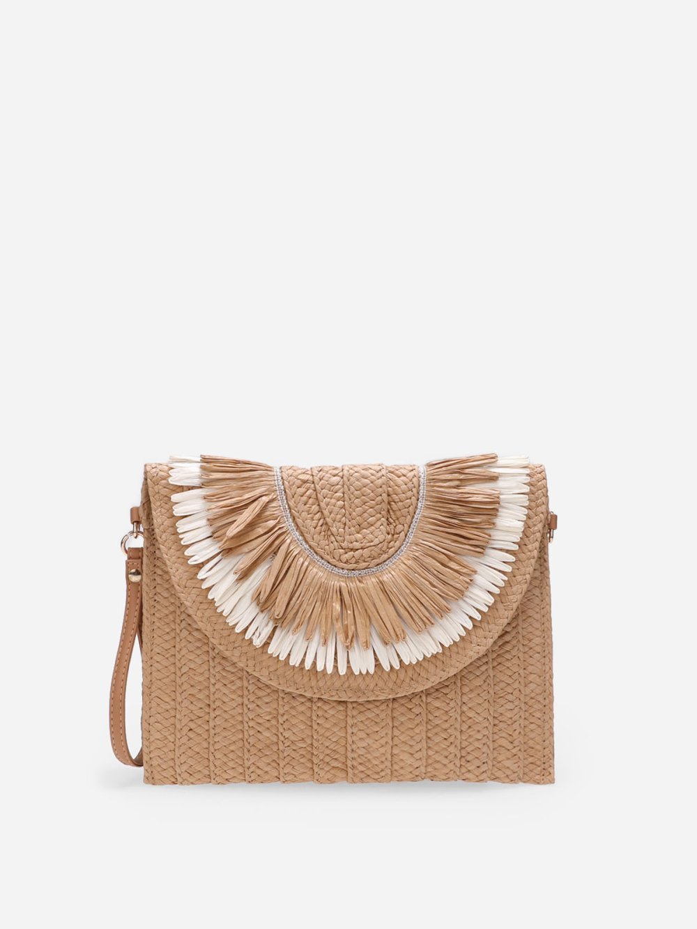 Pochette en raphia tressé à franges taupe