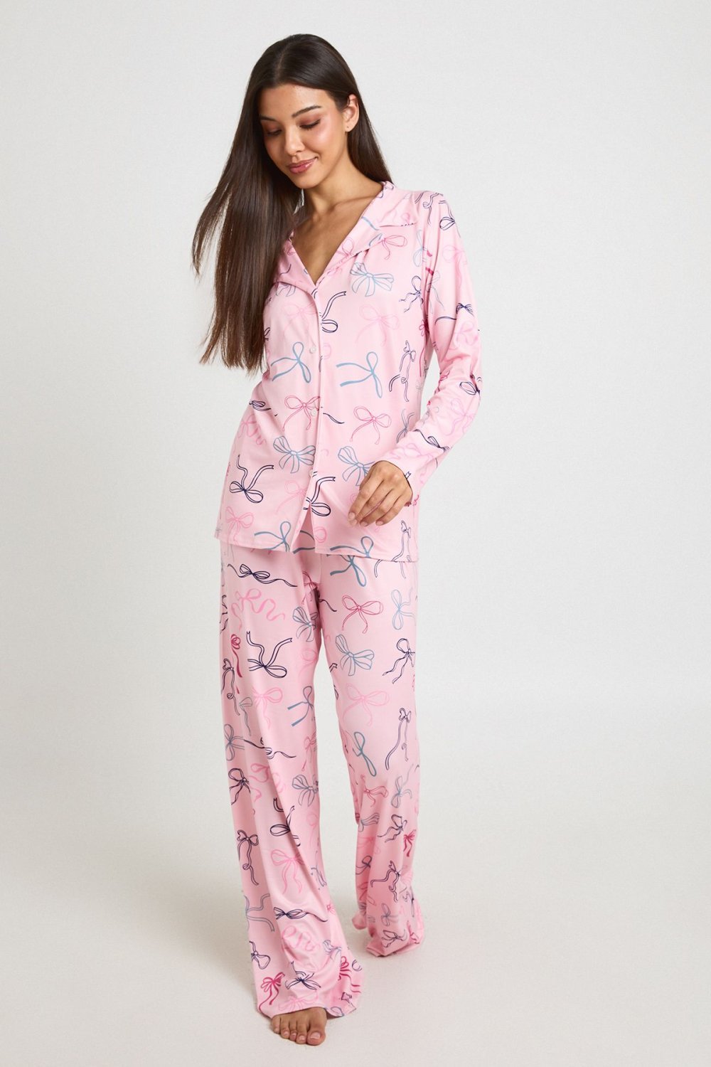 Pyjama haut et pantalon à nœuds rose pâle