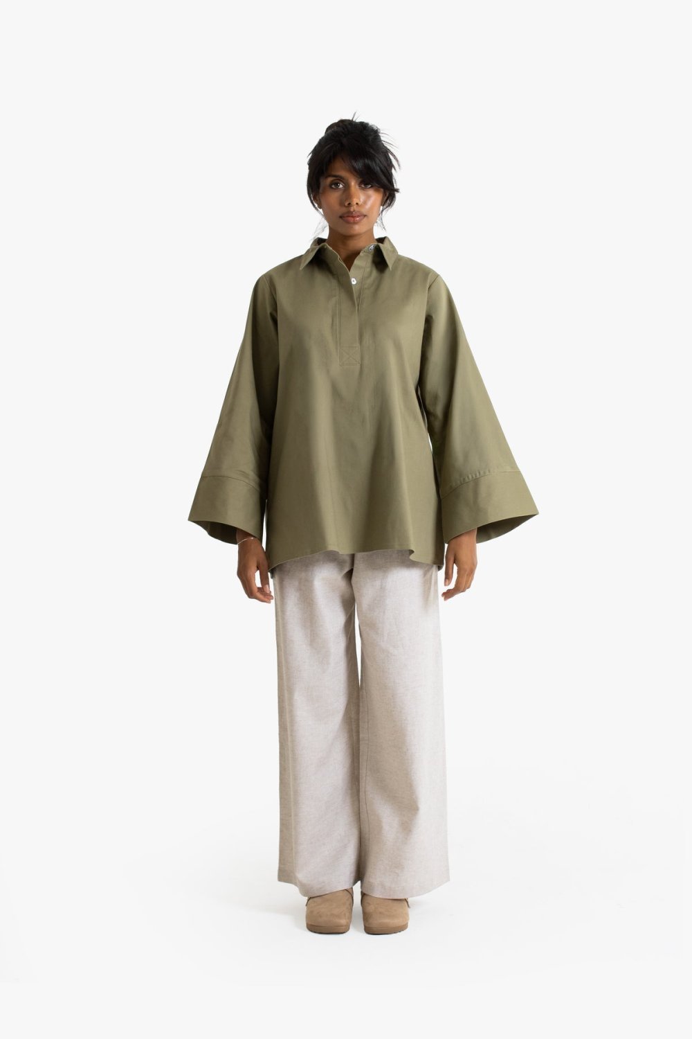 Oversized cotton collared top - Olive green