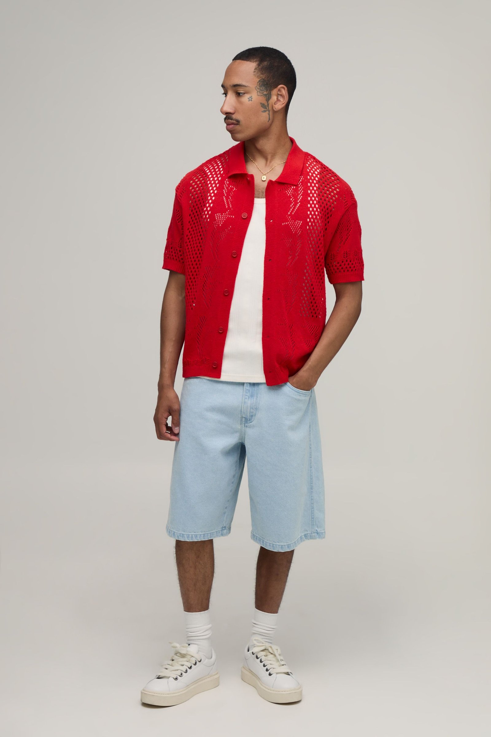Chemise Tricotée Décontractée À Détail Étoile En Maille Ajourée