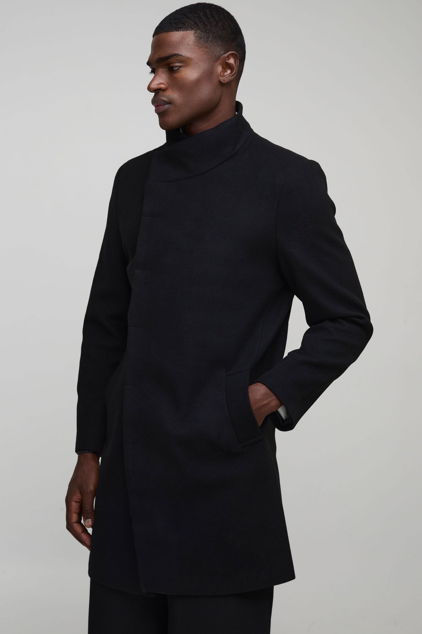 Funnel Neck Wool Look Overcoat in Black