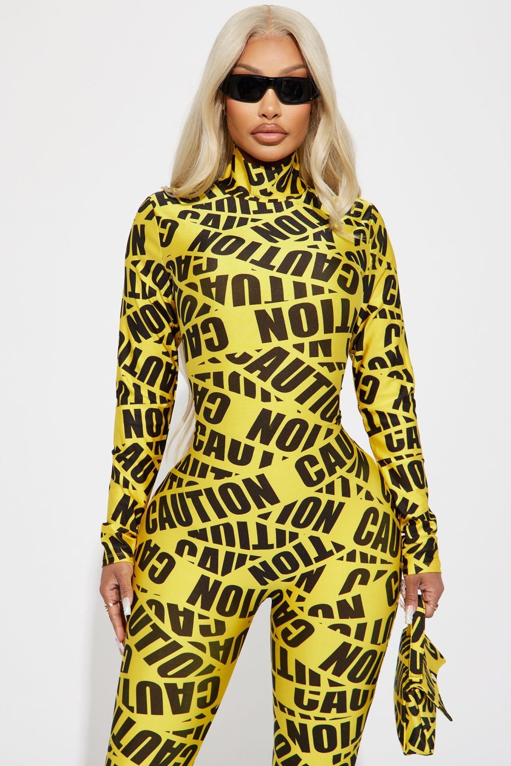 Yellow caution tape print jumpsuit costume
