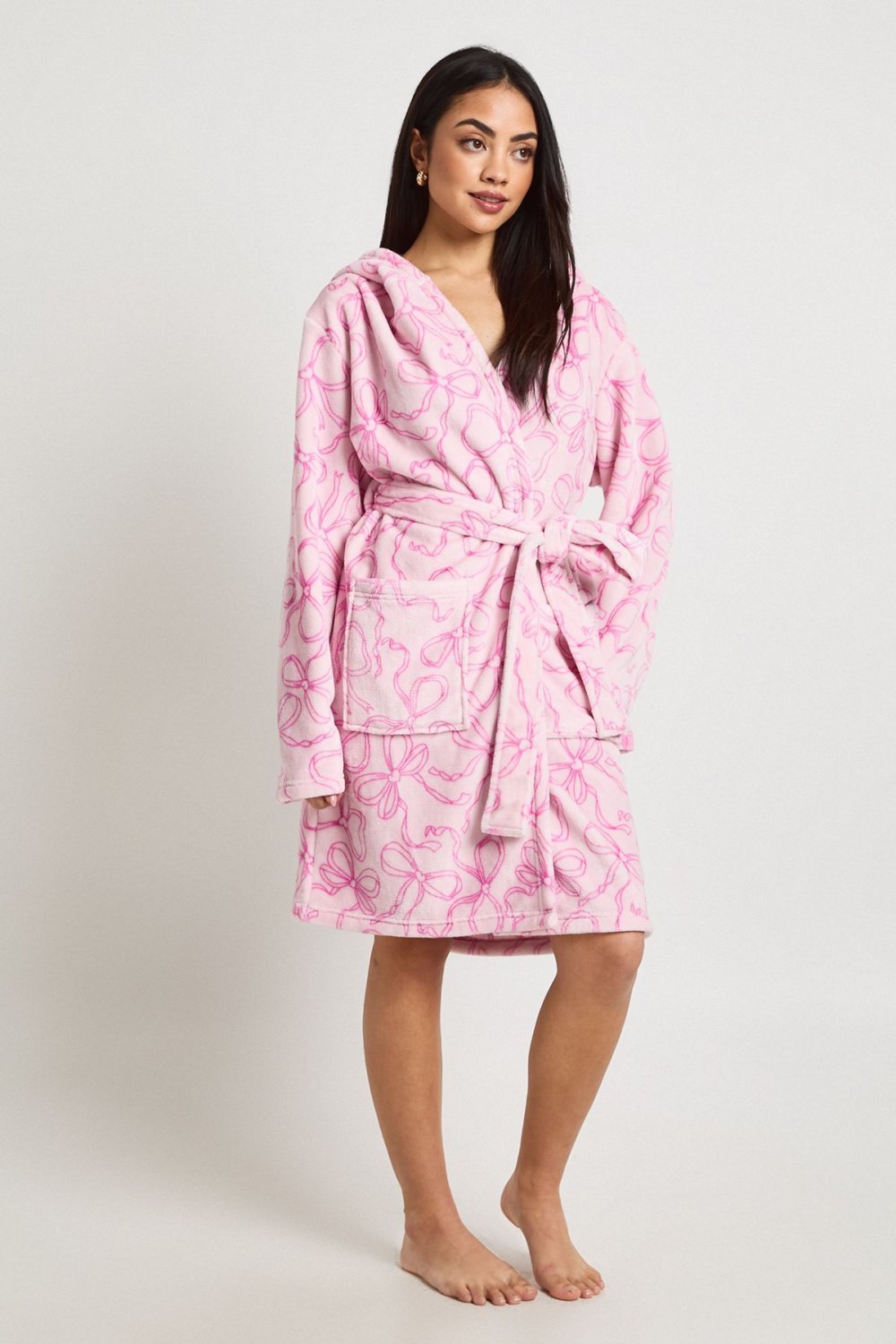 Hooded bow print short dressing gown