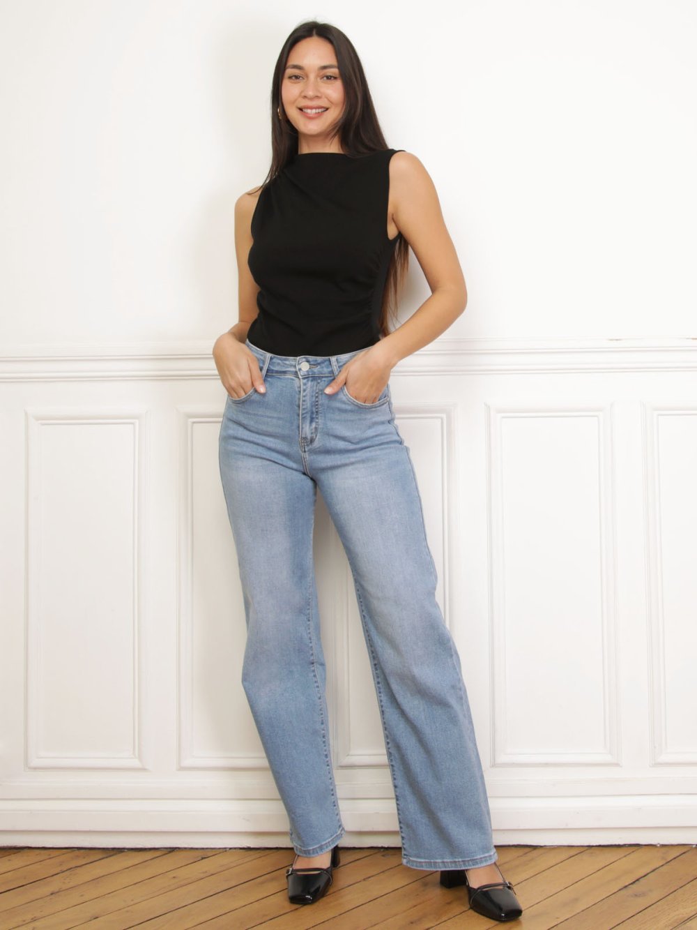 Blue washed wide leg jeans