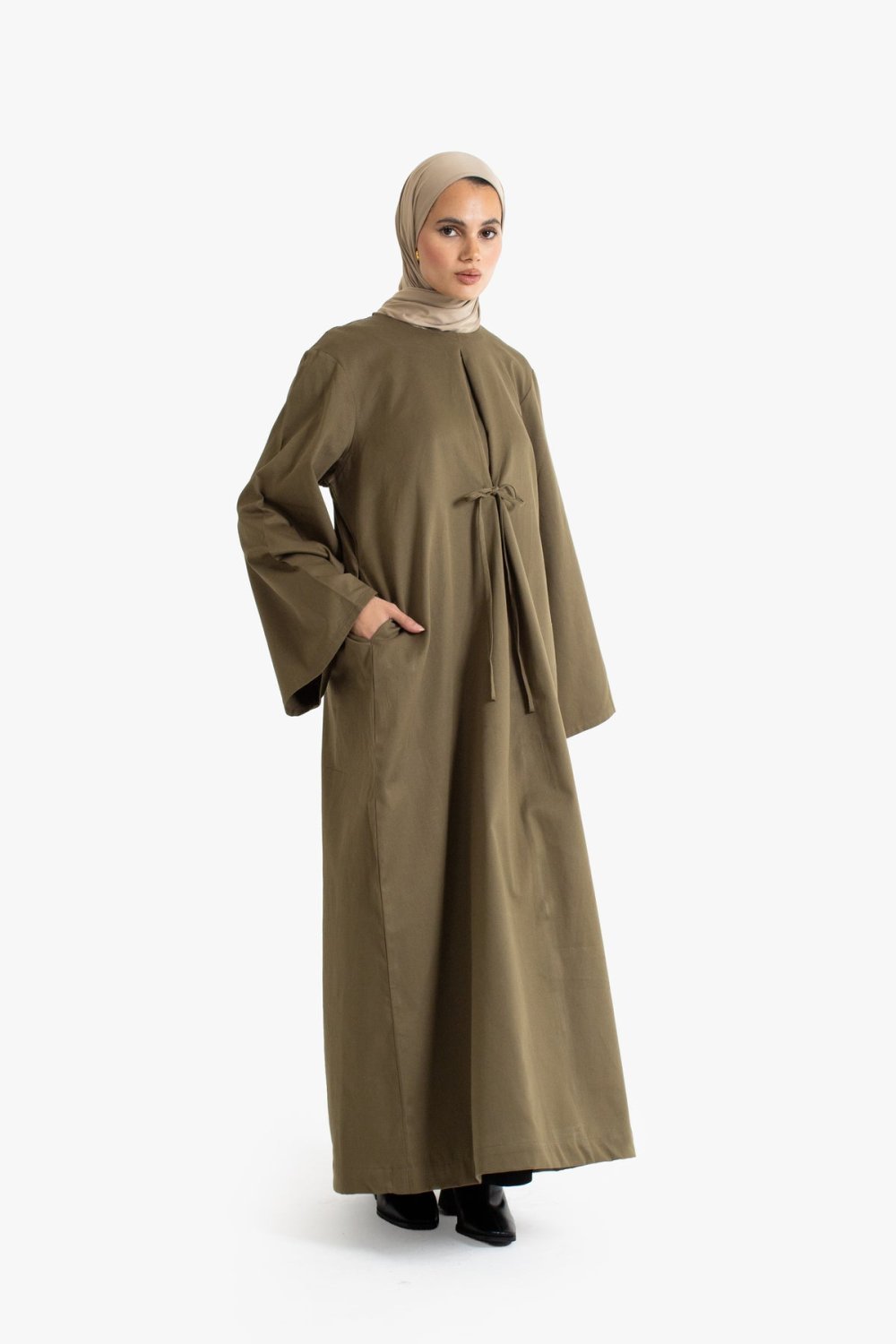 Tie-front cotton twill abaya - Khaki