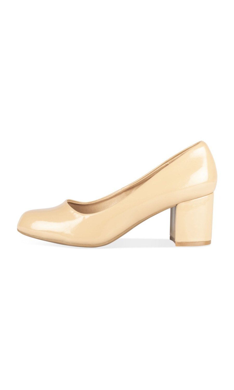 Beige patent block-heel round-toe pumps