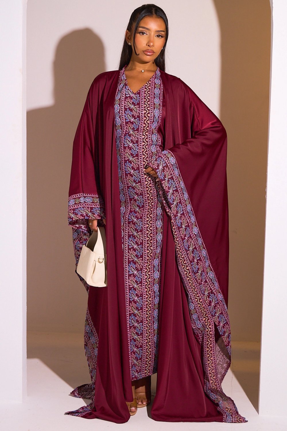 Burgundy abaya and kimono with geometric print