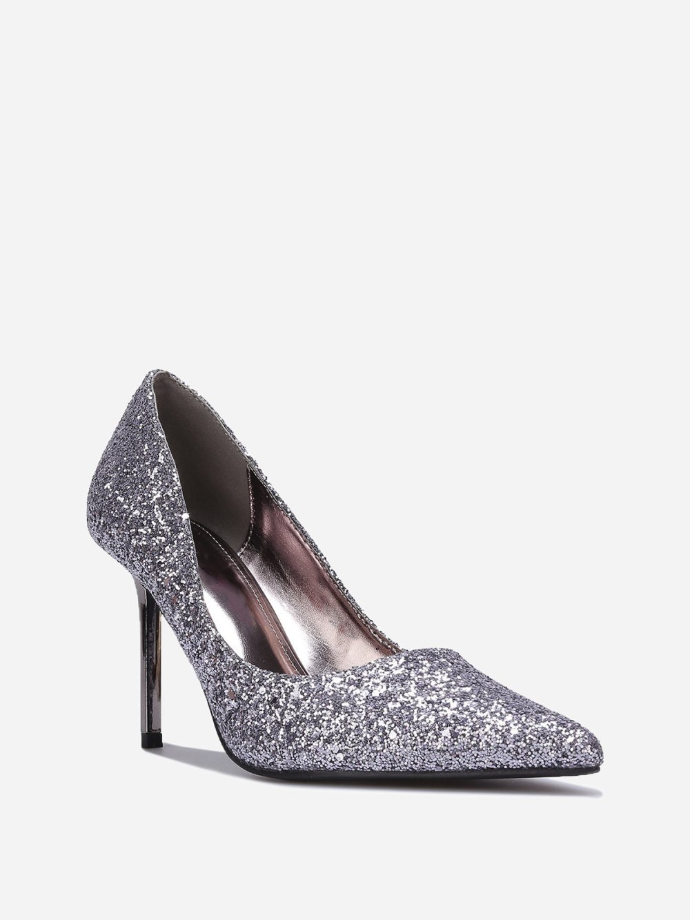 Grey sequin heels with metallic heel